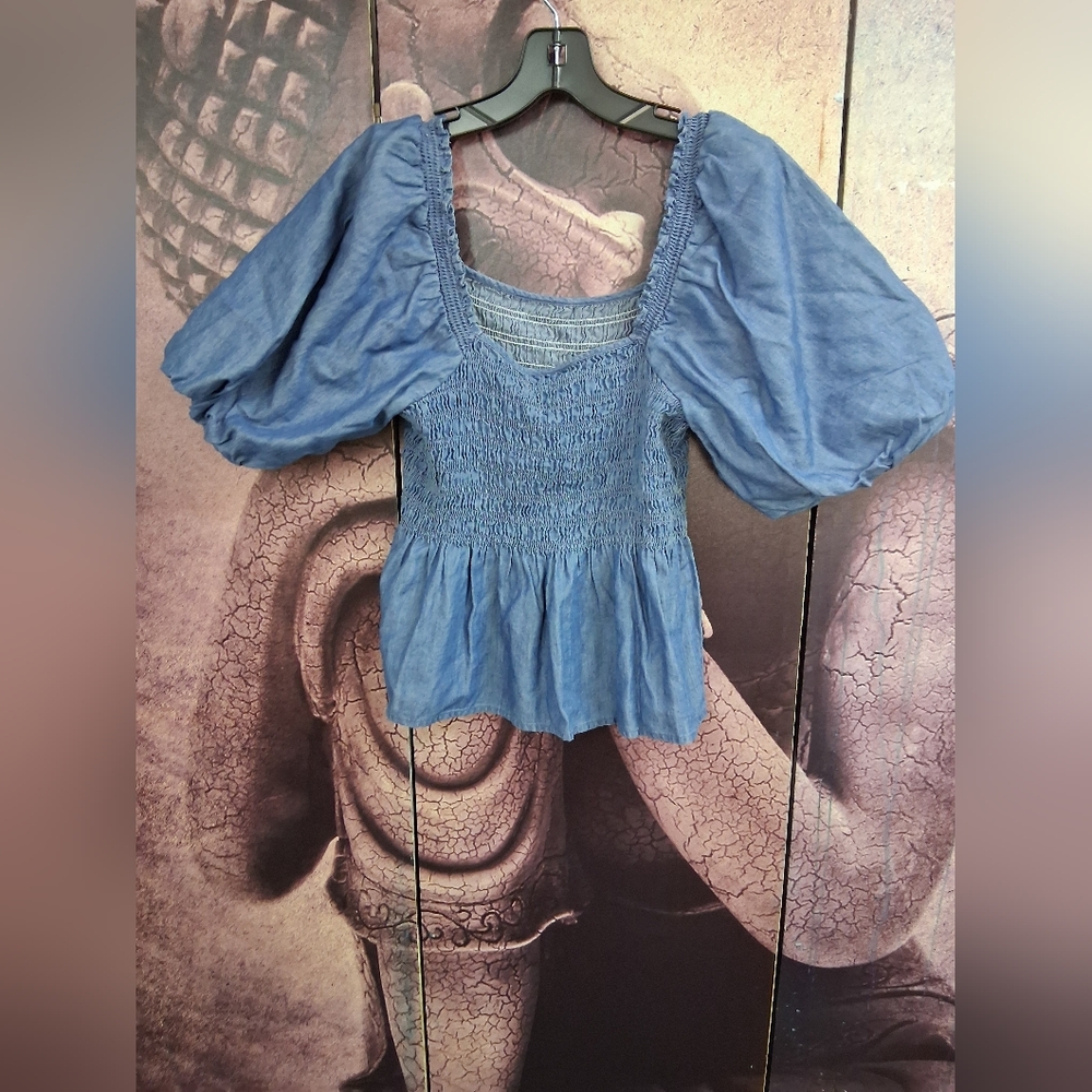 a.n.a Blue Smocked Top